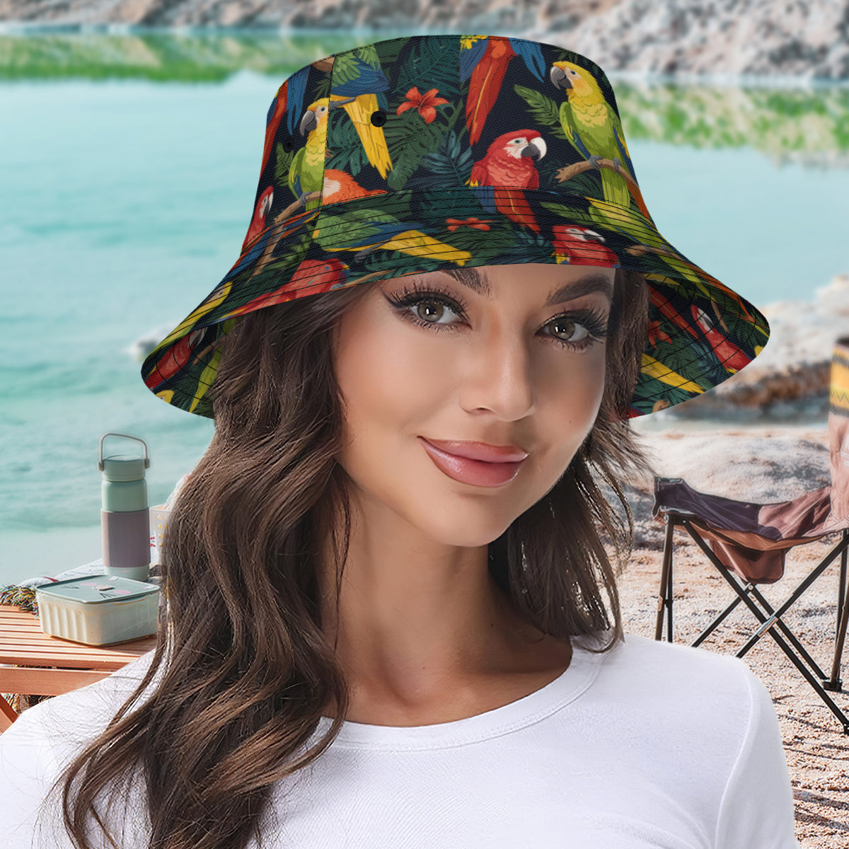Tropical Parrots Pattern Double-Sided Unisex Polyester Bucket Hat