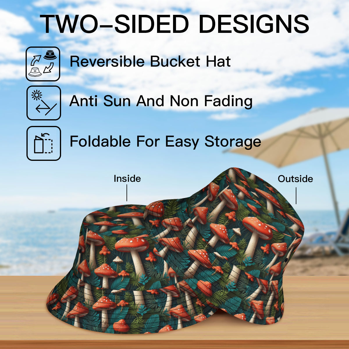 Tropical Mushroom Pattern Double-Sided Unisex Polyester Bucket Hat