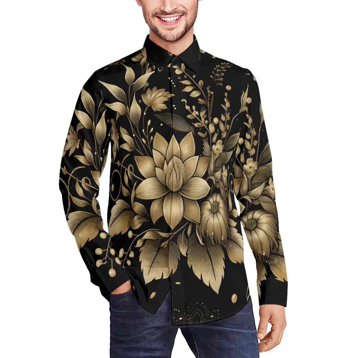 Gold Flowers Men's Classic Long-Sleeved Shirt