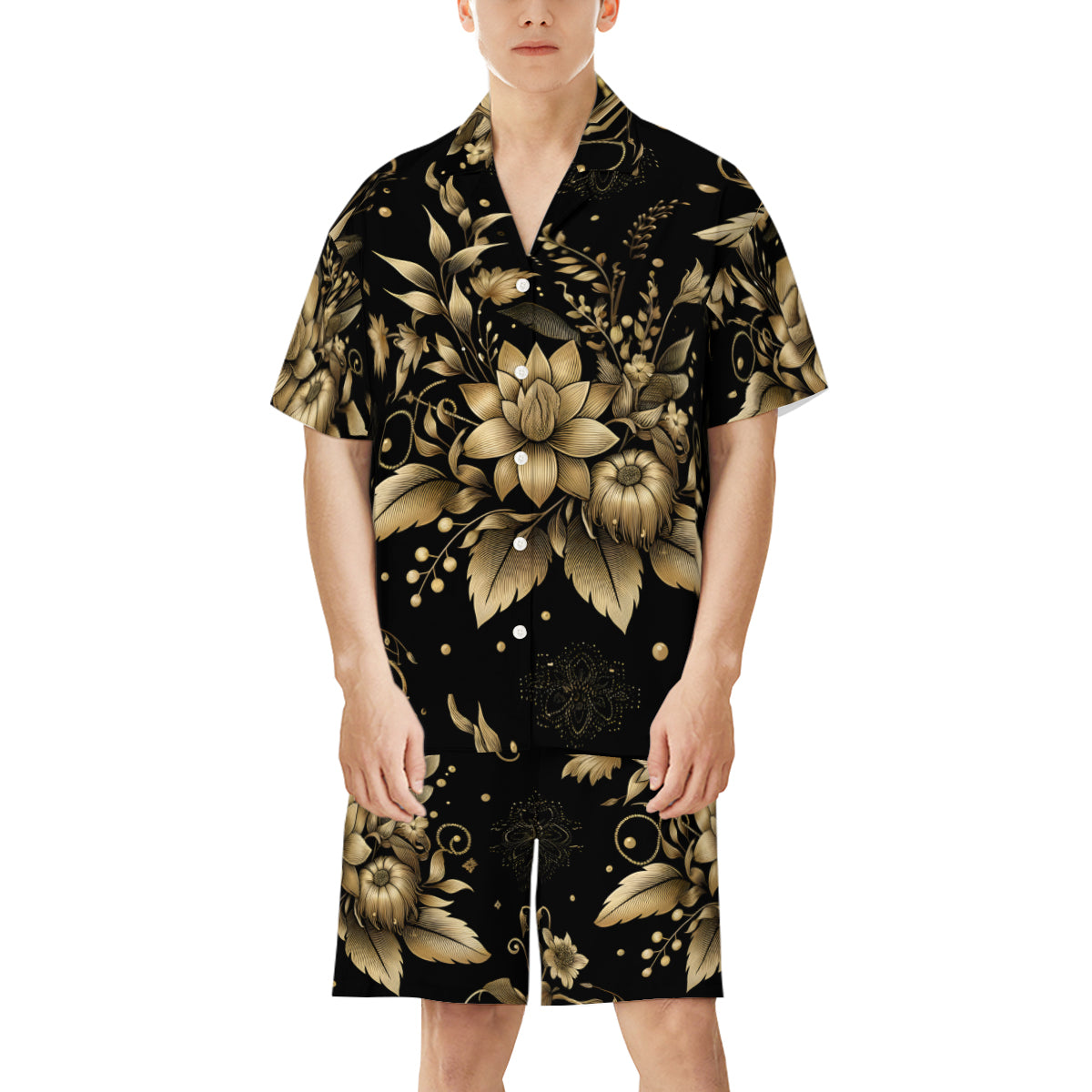 Gold Flowers Man's Shirt And Short Set