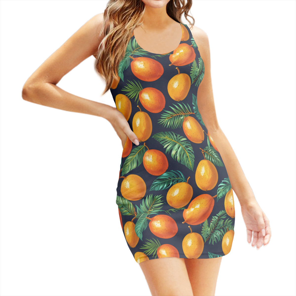 Tropical Mangoes Pattern Sleeveless Slim-Fit Euro-Size Tank Slip Dress