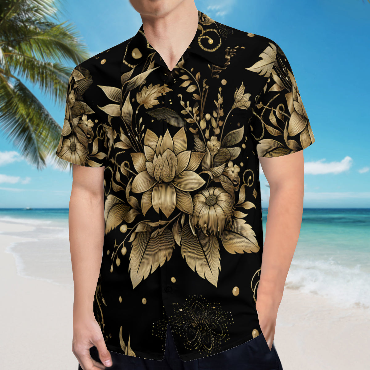 Gold Flowers Hawaiian Shirt