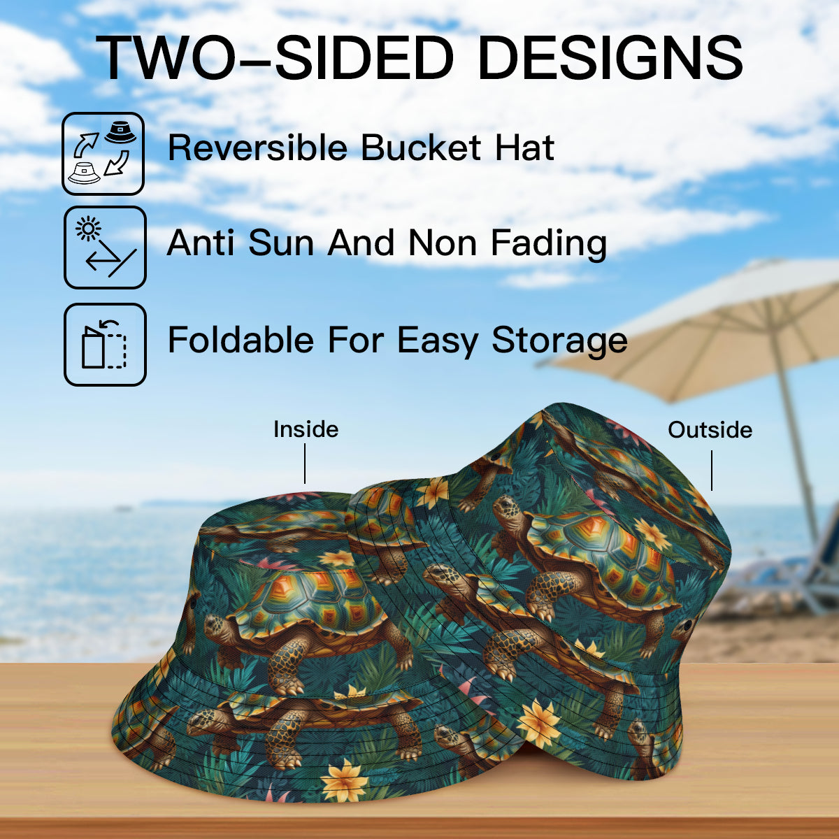 Tropical Tortoise Pattern Double-Sided Unisex Polyester Bucket Hat