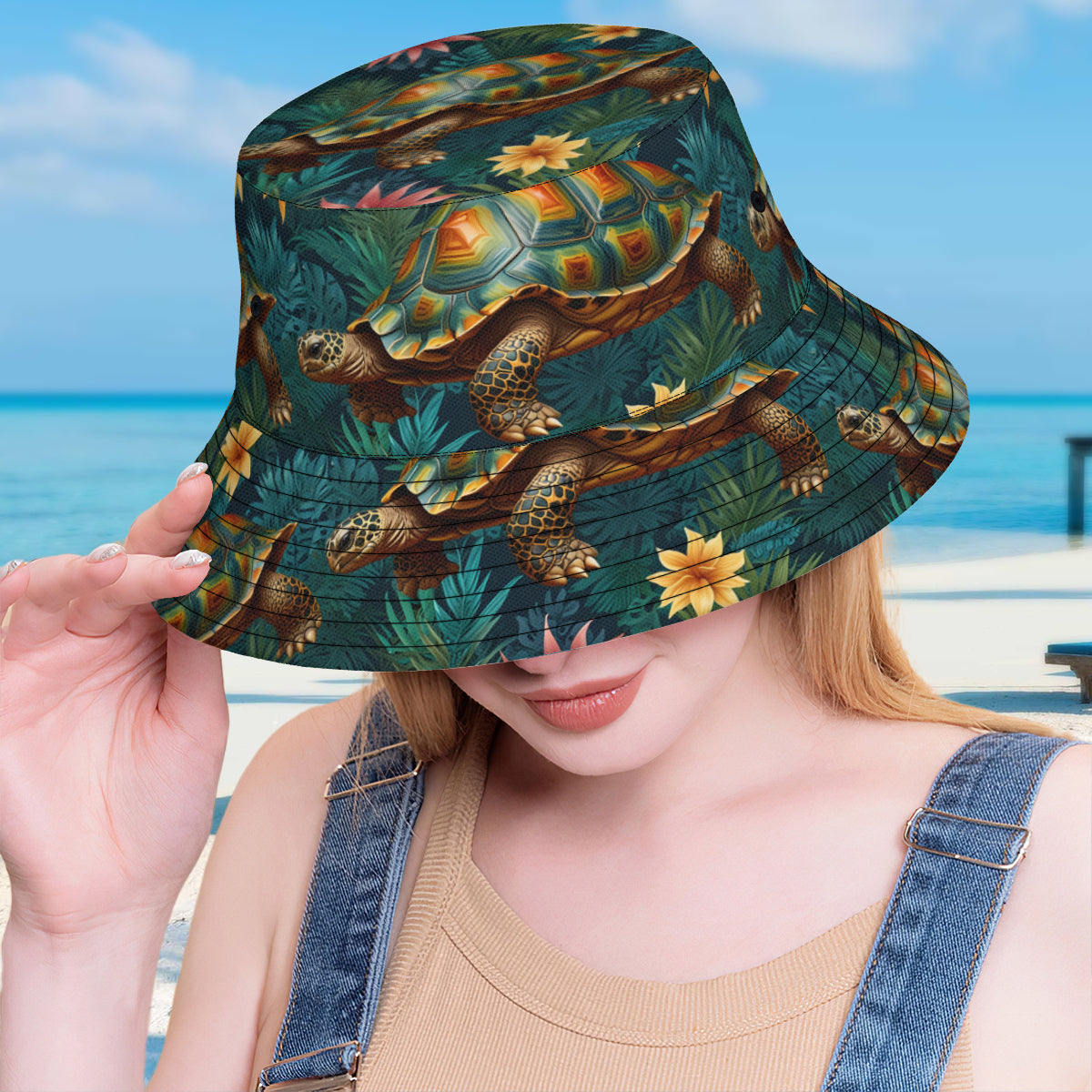 Tropical Tortoise Pattern Double-Sided Unisex Polyester Bucket Hat