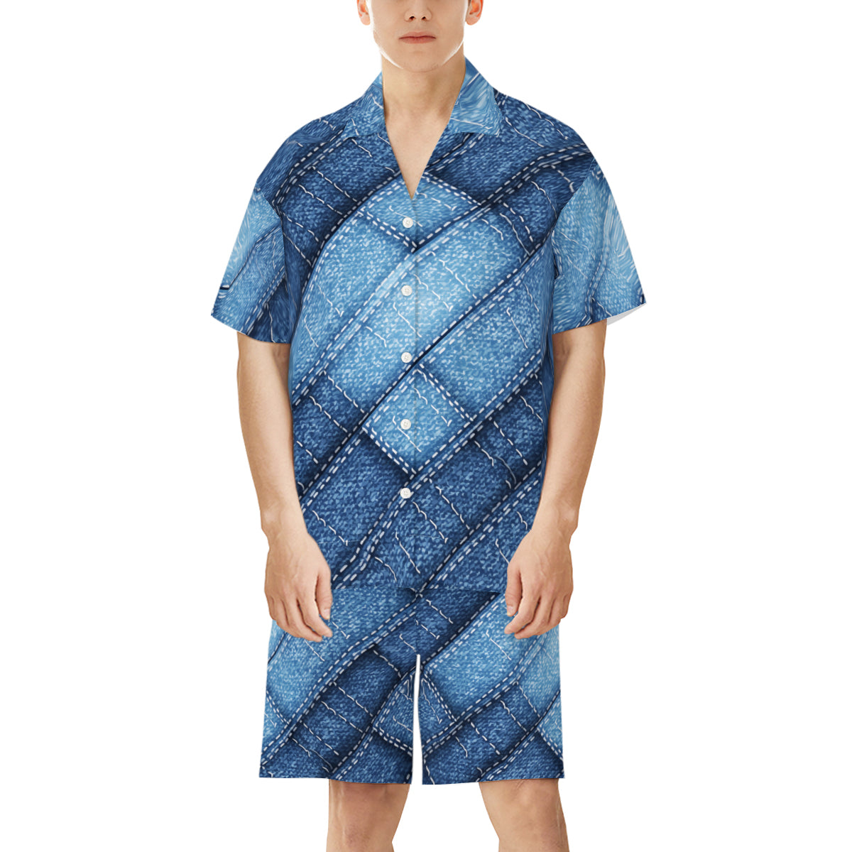 Denim Design Man's Shirt And Short Set