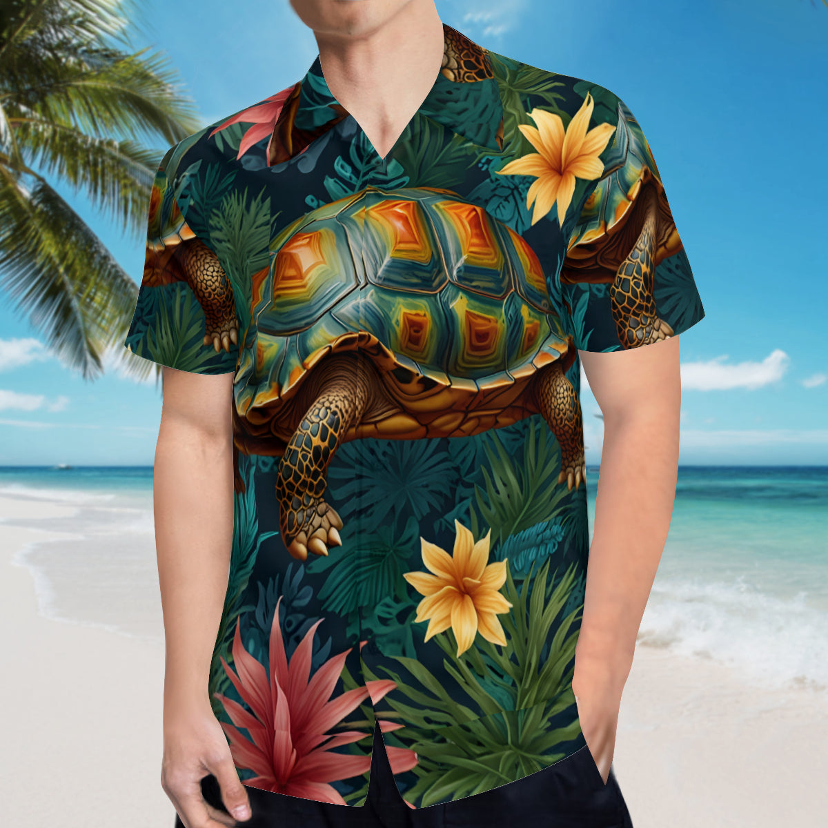 Tropical Tortoise Pattern Men's Casual Short-Sleeved Shirt