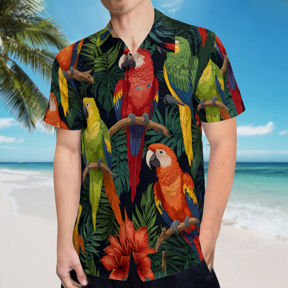 Tropical Parrots Pattern Men's Casual Short-Sleeved Shirt
