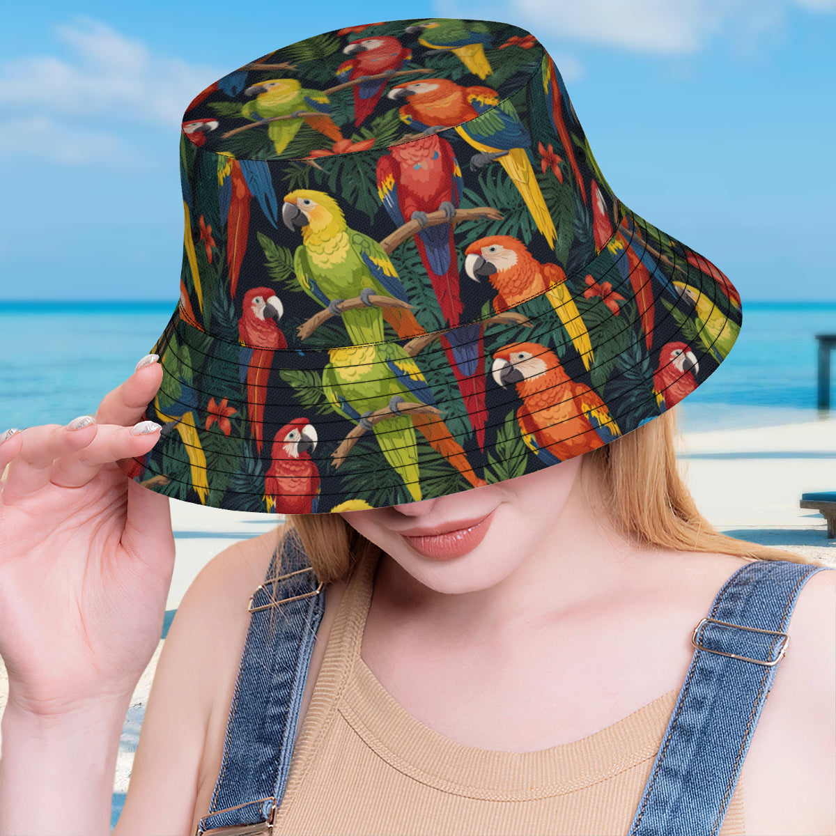 Tropical Parrots Pattern Double-Sided Unisex Polyester Bucket Hat