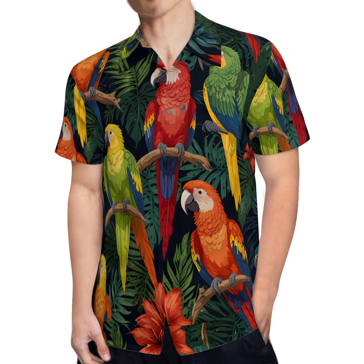 Tropical Parrots Pattern Men's Casual Short-Sleeved Shirt