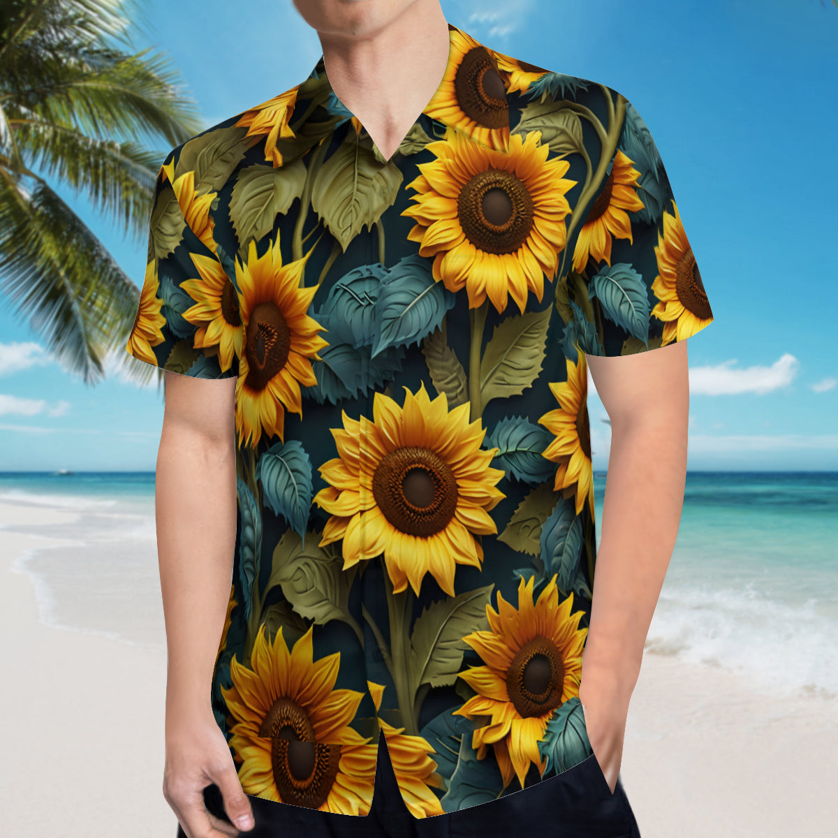Sunflower Pattern Man's Casual Short-Sleeved Shirt