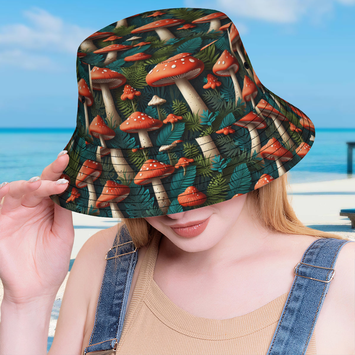 Tropical Mushroom Pattern Double-Sided Unisex Polyester Bucket Hat