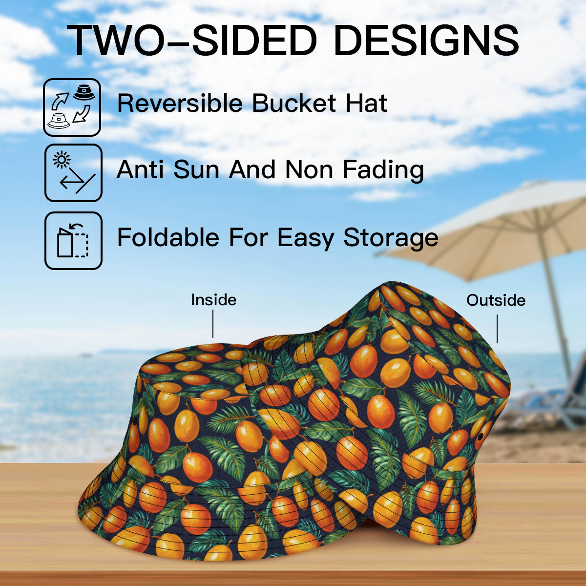 Tropical Mangoes Pattern Double-Sided Unisex Polyester Bucket Hat