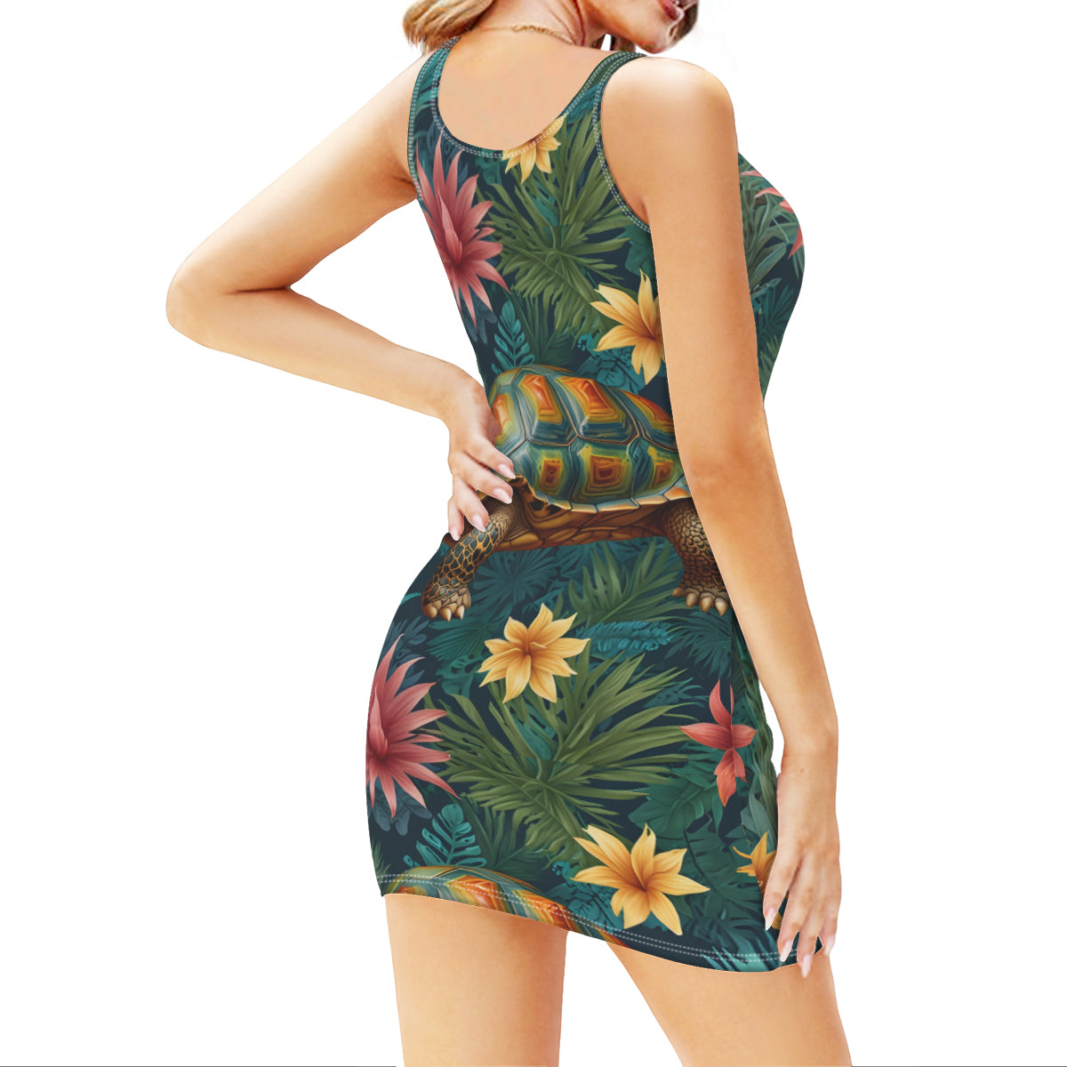Tropical Tortoise Pattern Sleeveless Slim-Fit Euro-Size Tank Slip Dress