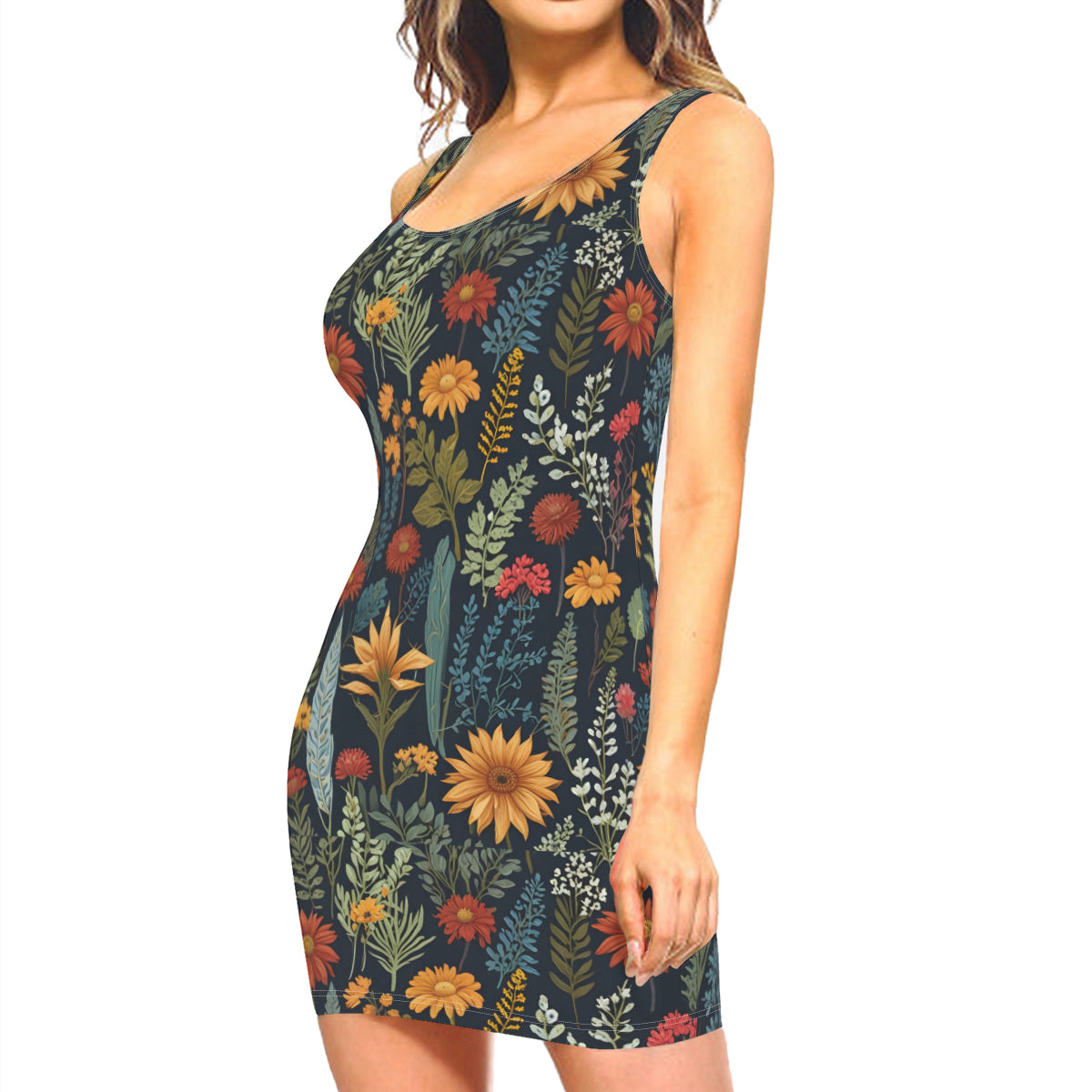 Botanical Plant Sleeveless Slim-Fit Euro-Size Tank Slip Dress
