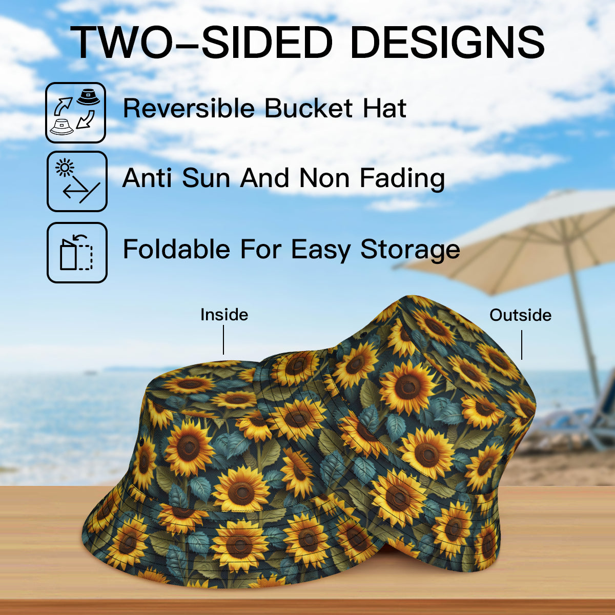 Sunflower Pattern Double-Sided Unisex Polyester Bucket Hat