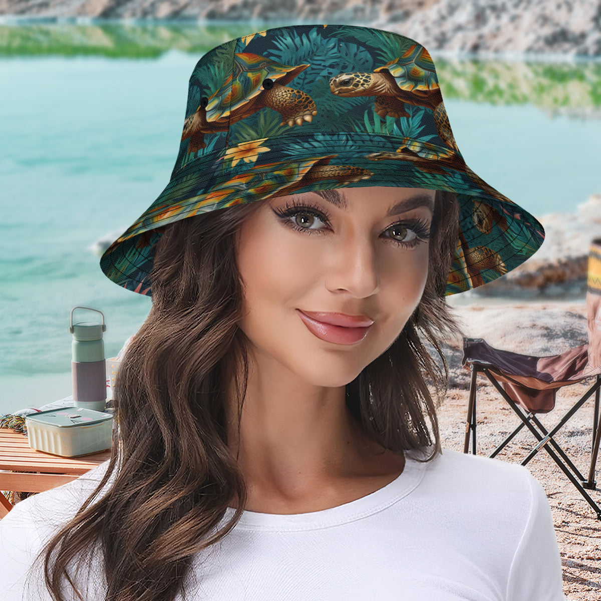 Tropical Tortoise Pattern Double-Sided Unisex Polyester Bucket Hat
