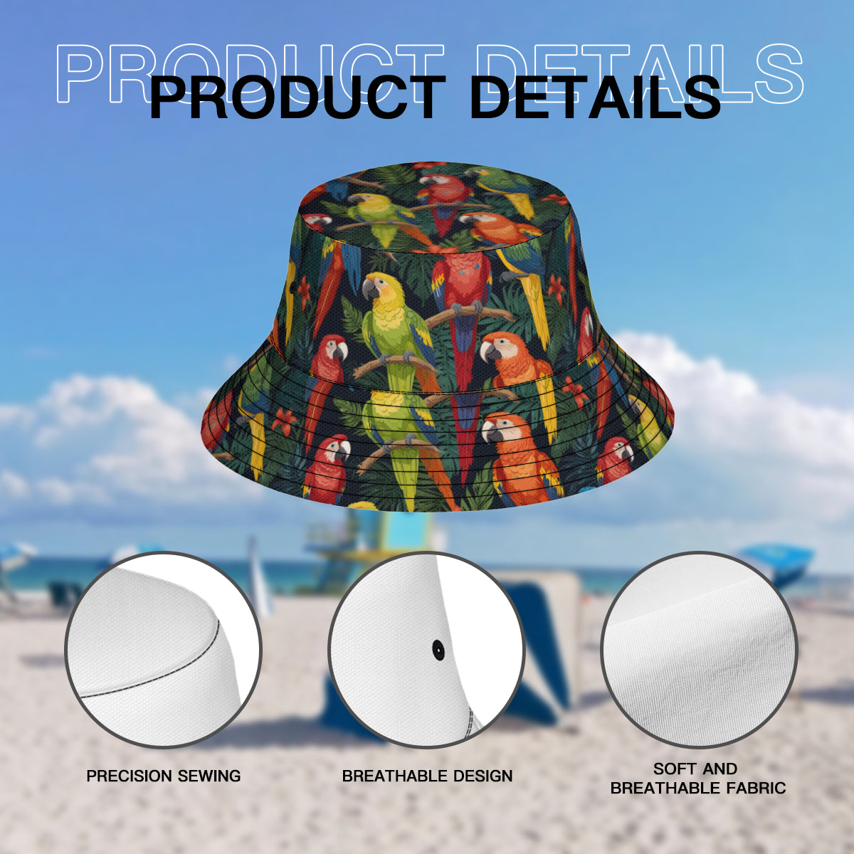 Tropical Parrots Pattern Double-Sided Unisex Polyester Bucket Hat