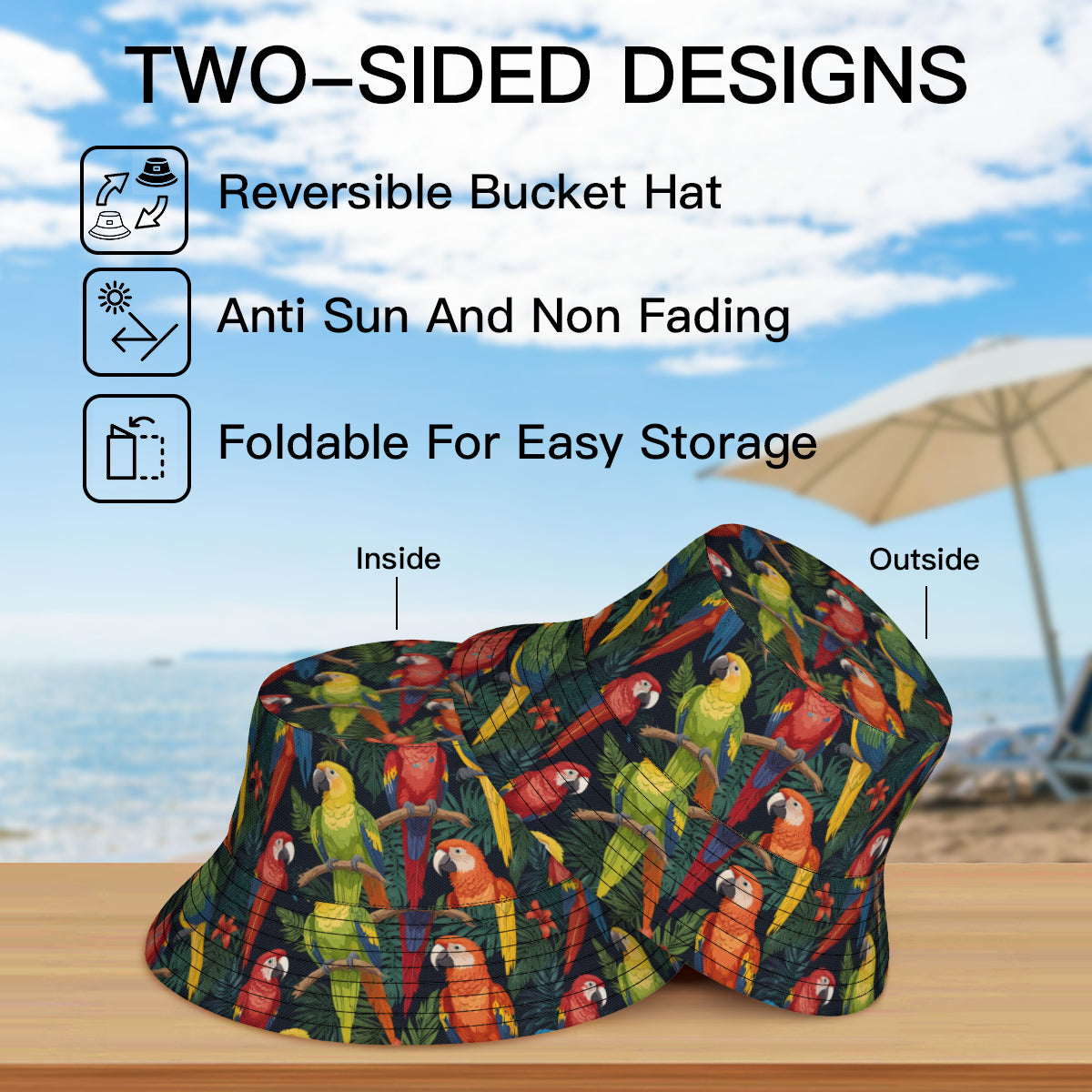 Tropical Parrots Pattern Double-Sided Unisex Polyester Bucket Hat