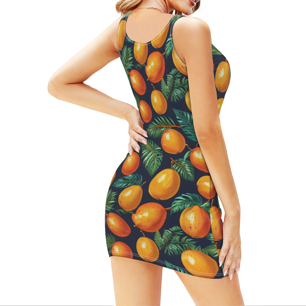 Tropical Mangoes Pattern Sleeveless Slim-Fit Euro-Size Tank Slip Dress