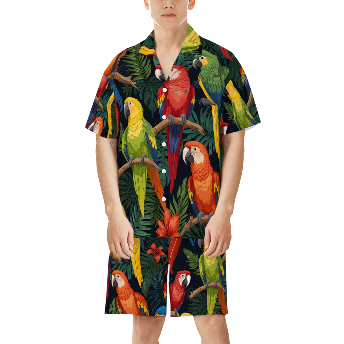 Tropical Parrots Pattern Man's Shirt And Short Set