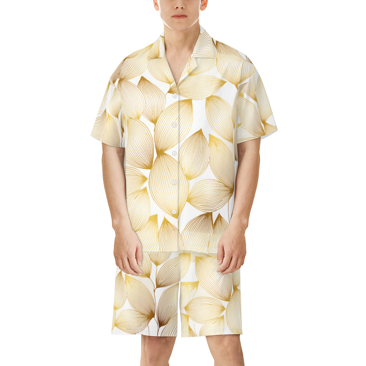 Abstract Pattern Gold Man's Shirt And Short Set