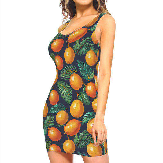 Tropical Mangoes Pattern Sleeveless Slim-Fit Euro-Size Tank Slip Dress